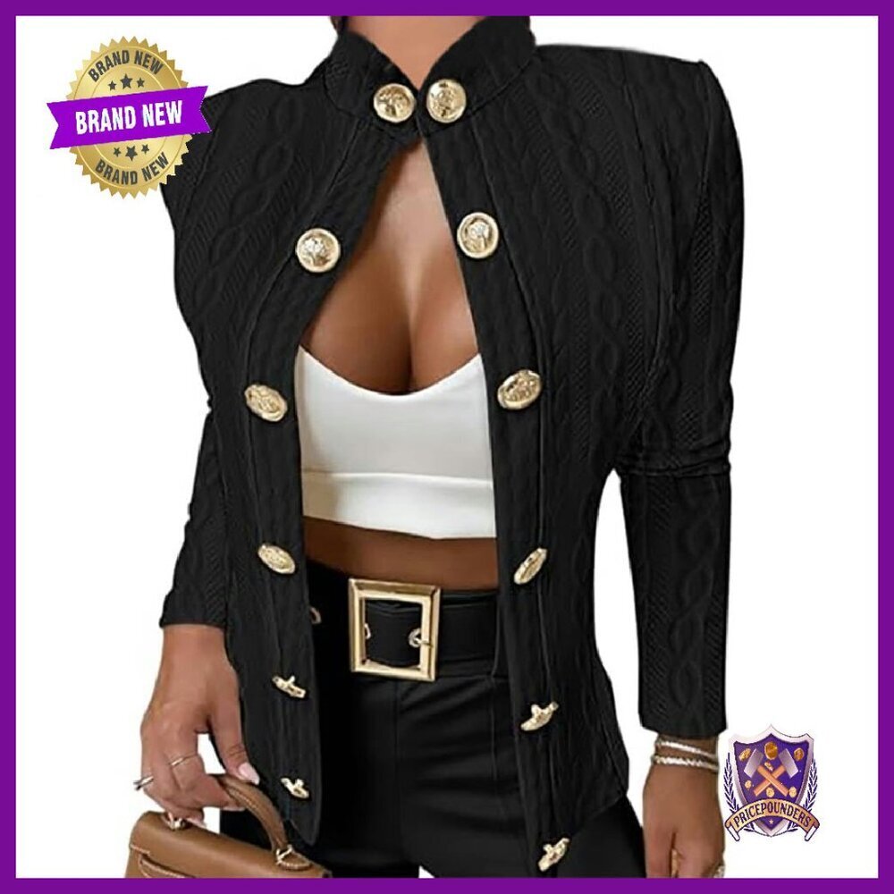 Argyle Cable Cardigan Cropped Jacket Lightweight Stand Collar Metal Buttons